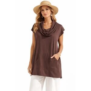BRYN WALKER Women's Lagenlook Cowl Neck Cap Sleeve Tunic Top Brown Size XS